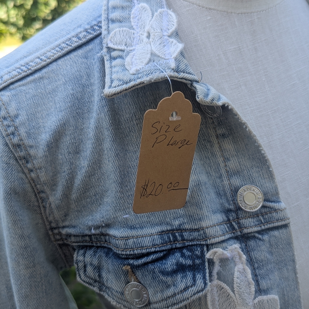 Women's Light Blue Jean Jacket with Floral Embroidery